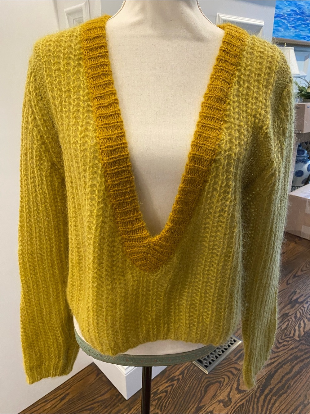 DANNIJO Deep V-Neck Fuzzy Sweater in Mustard
